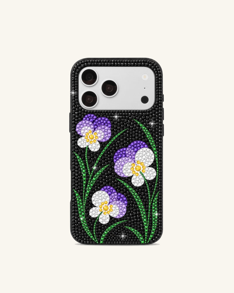 Violet Artificial Crystal Flower Phone Case – Black