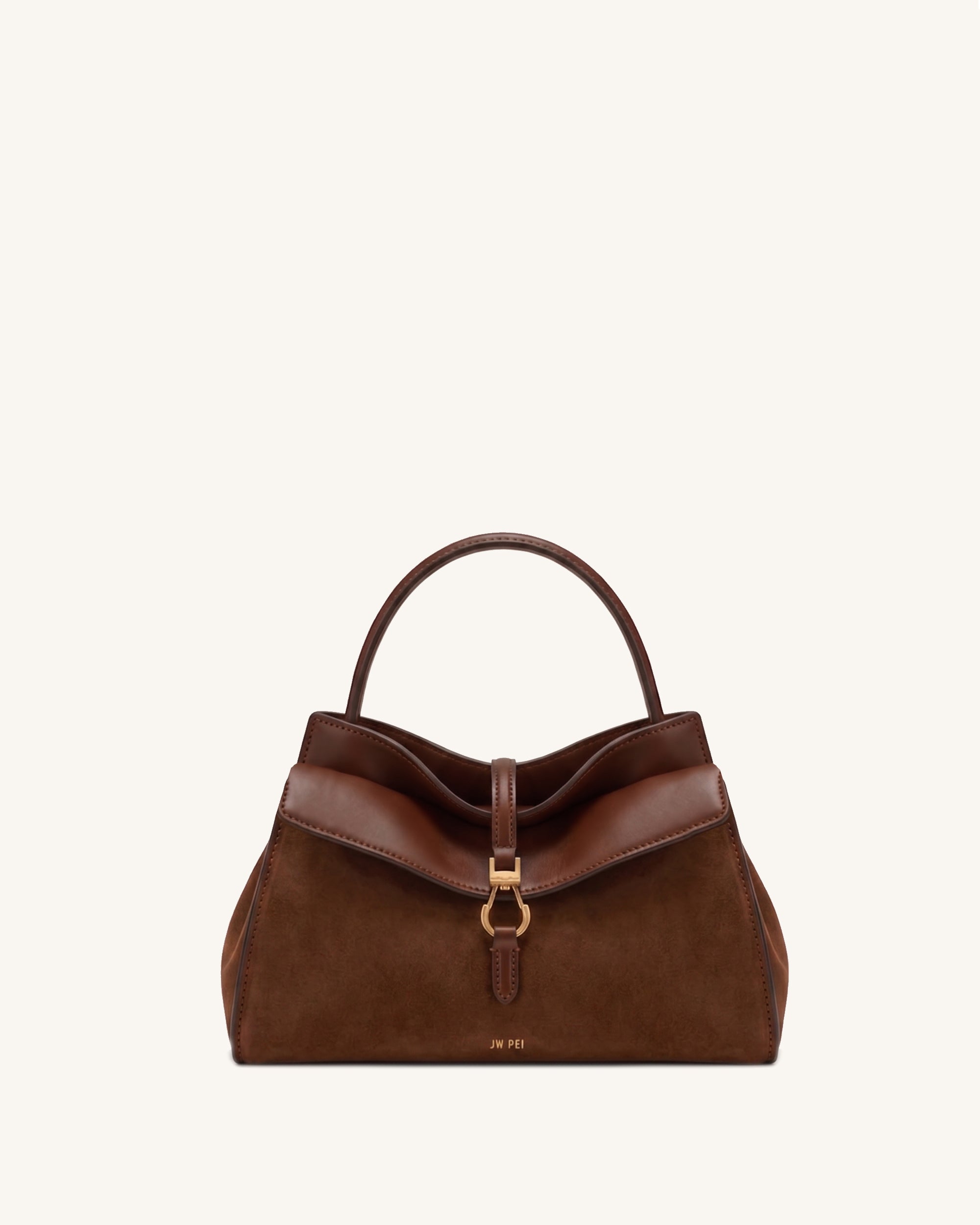 Bruna Faux Suede Panel Top Handle Bag – Dark Brown