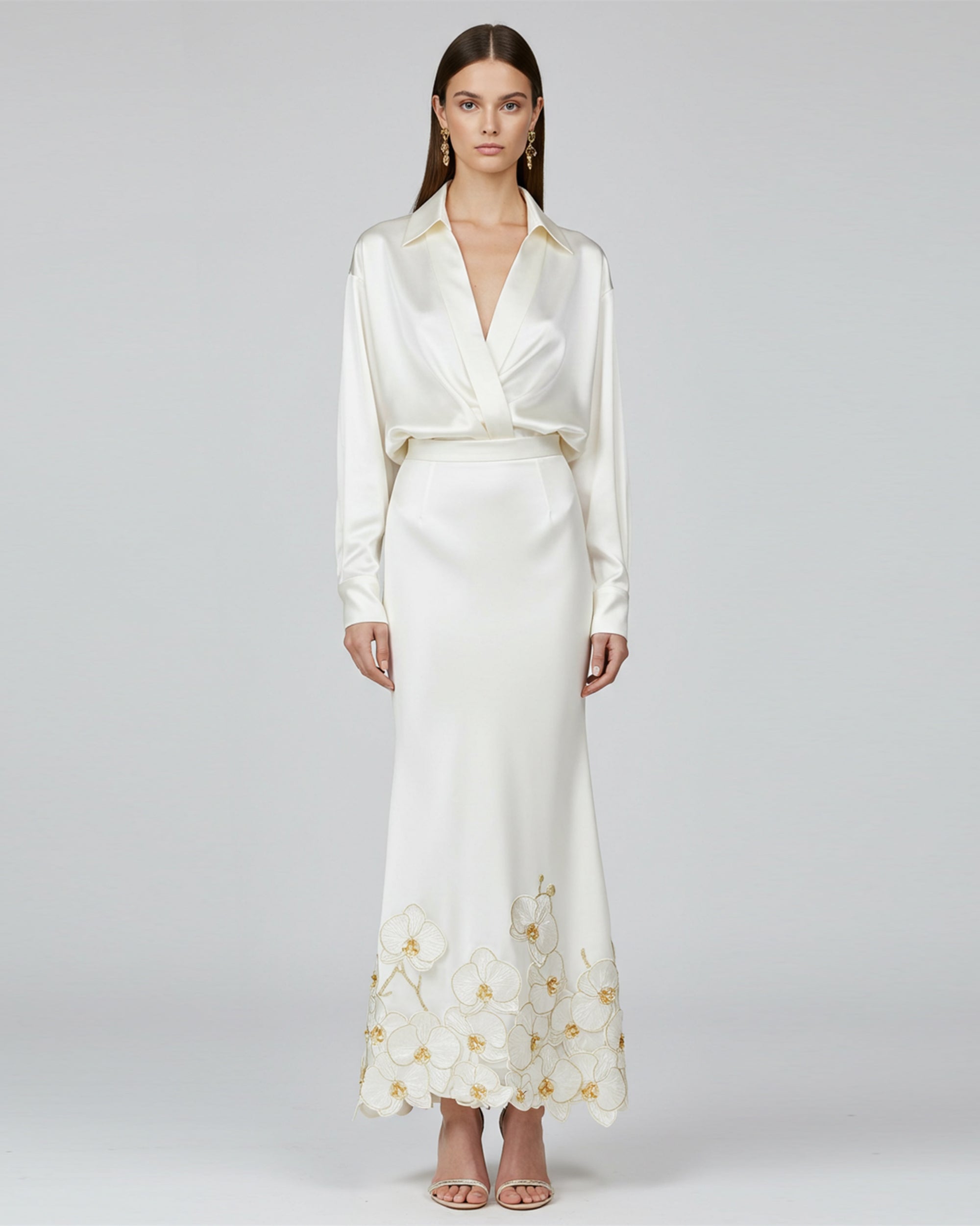 Embroidered Satin Suit – White