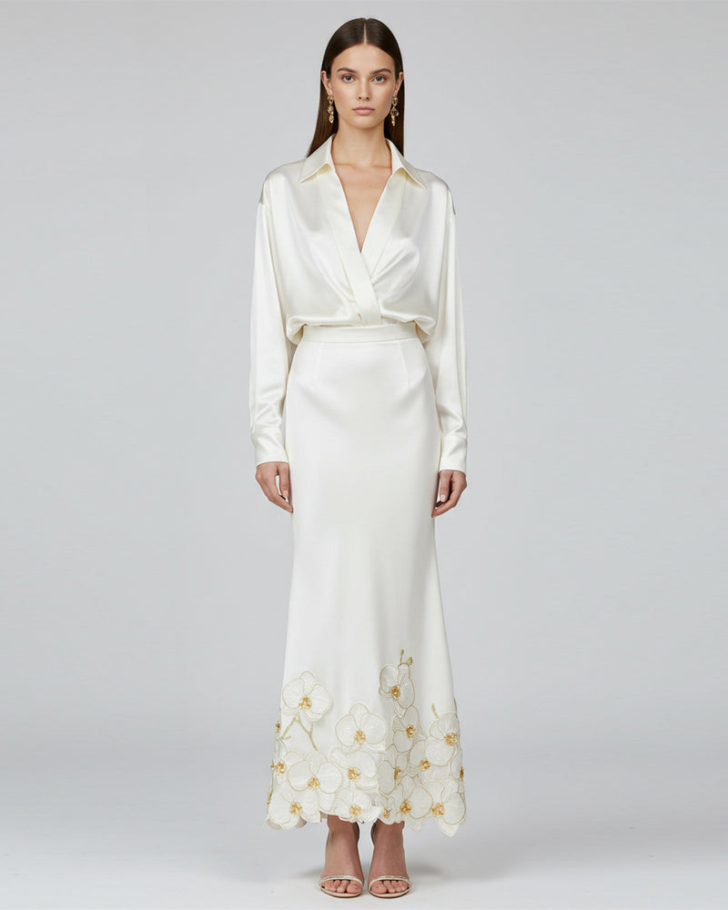 Embroidered Satin Suit – White