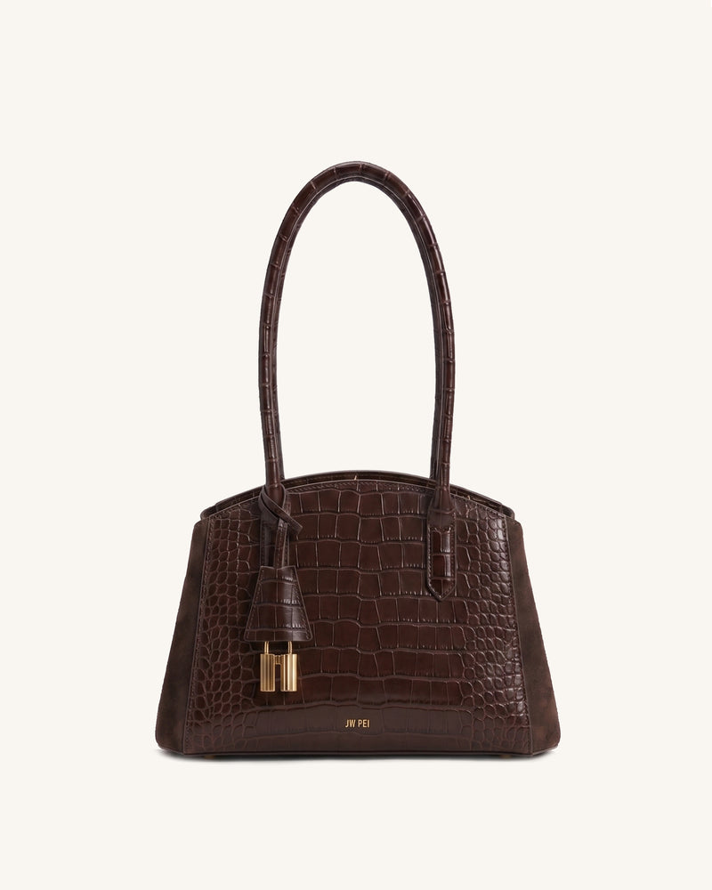 Zora Structured Trapeze Shoulder Bag - Dark Brown Croc