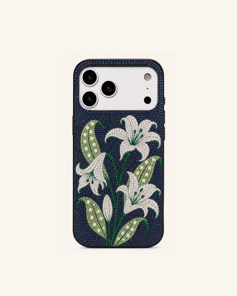 White Lily Artificial Crystal Phone Case - Black