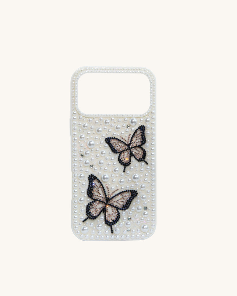 Butterfly Pearl Embellished Phone Case - White