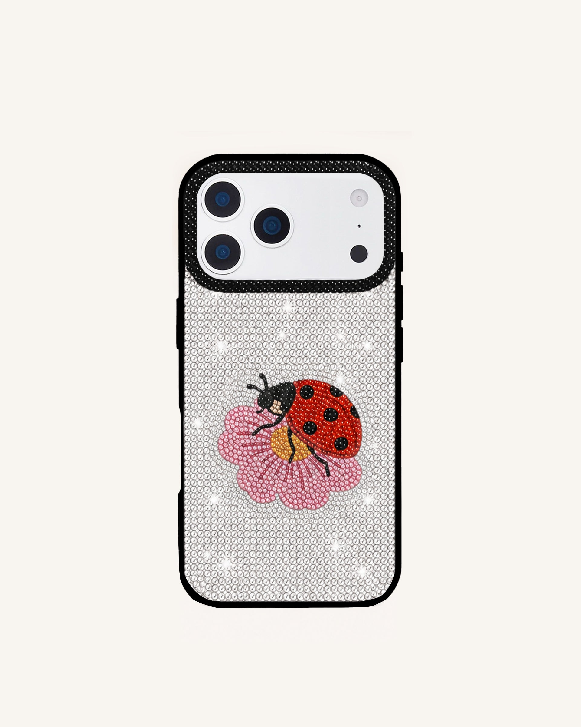 Ladybug Flower Artificial Crystal Phone Case – White & Pink