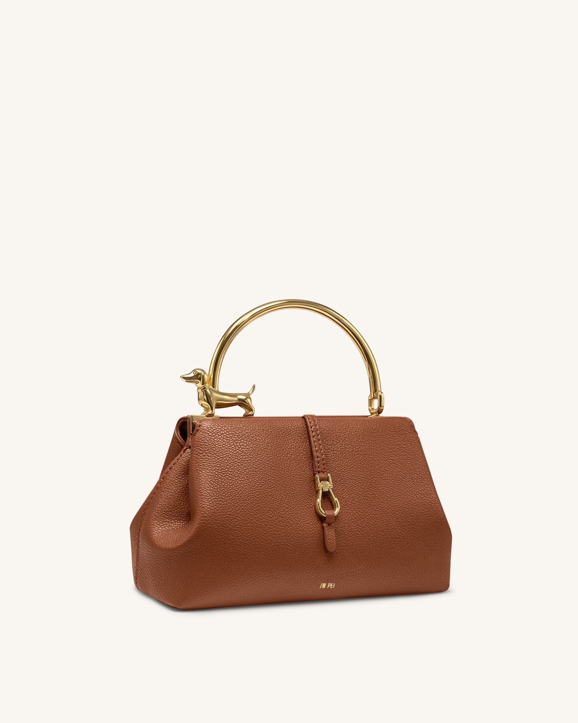 Bruna Dachshund Metal Handle Top Handle Bag - Brown | JW PEI