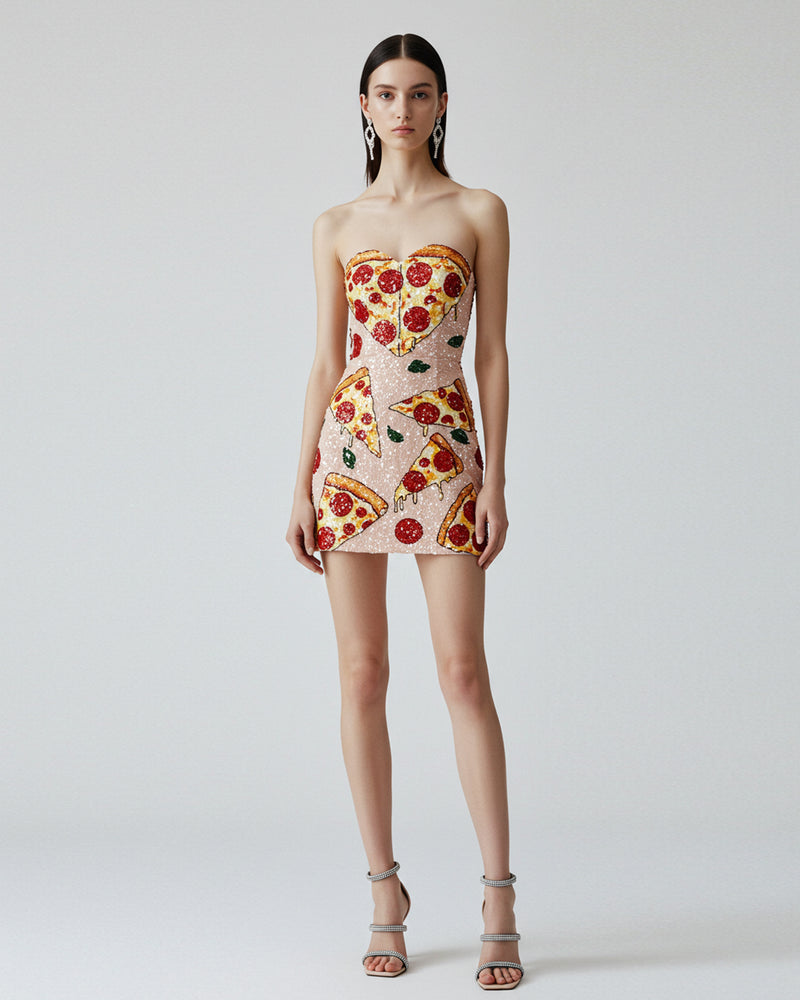 Strapless Pizza Print Mini Dress – Pink