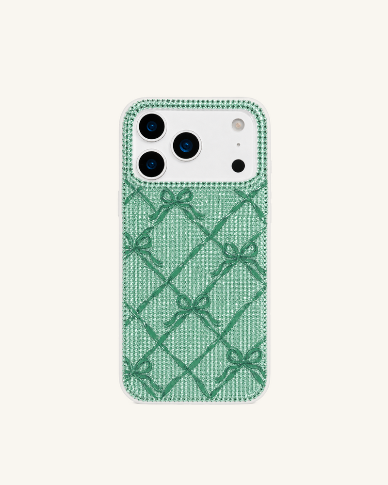 Rhinestone Bow Grid Phone Case – Green