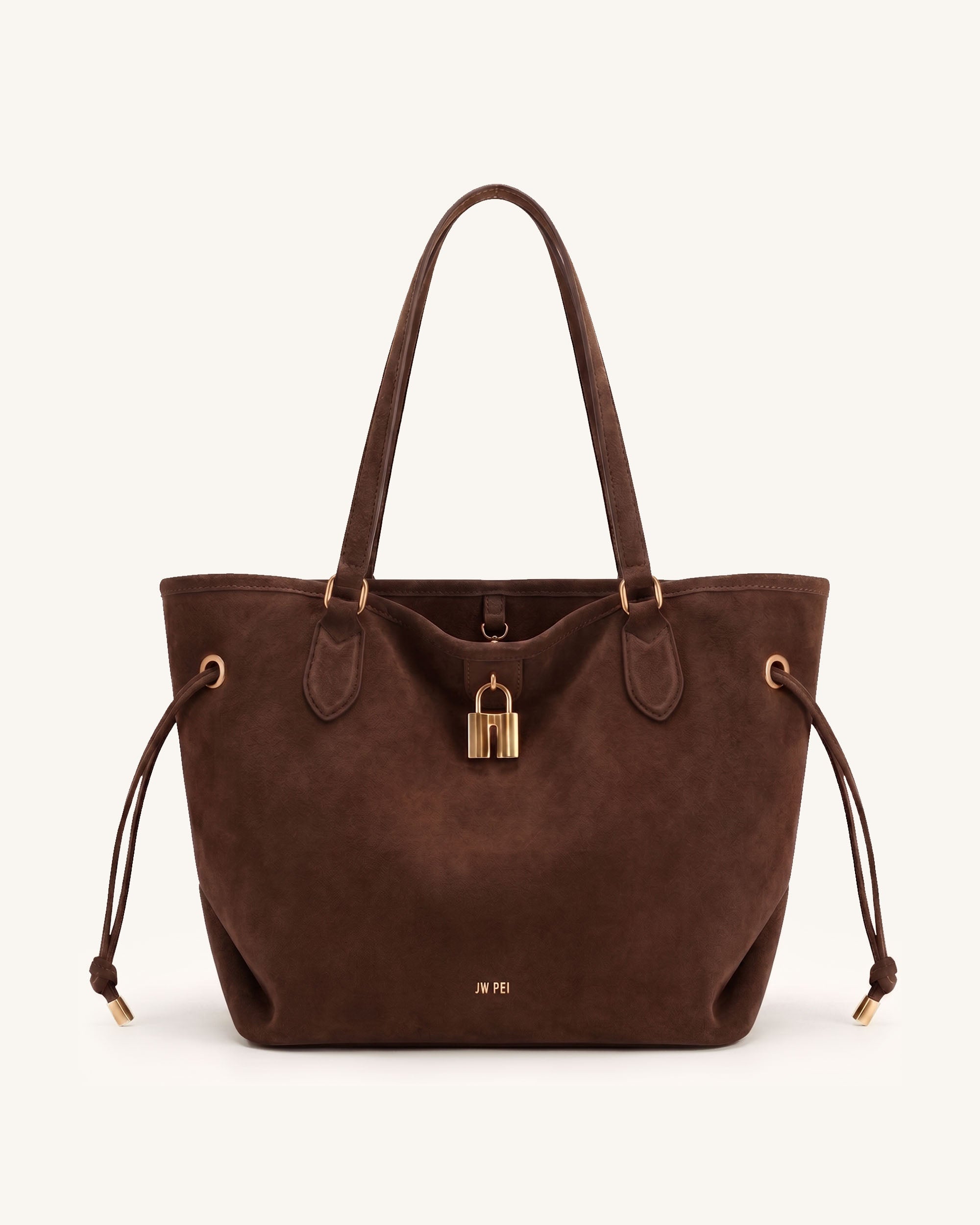 Zora Padlock Drawstring Faux Suede Tote Bag - Brown