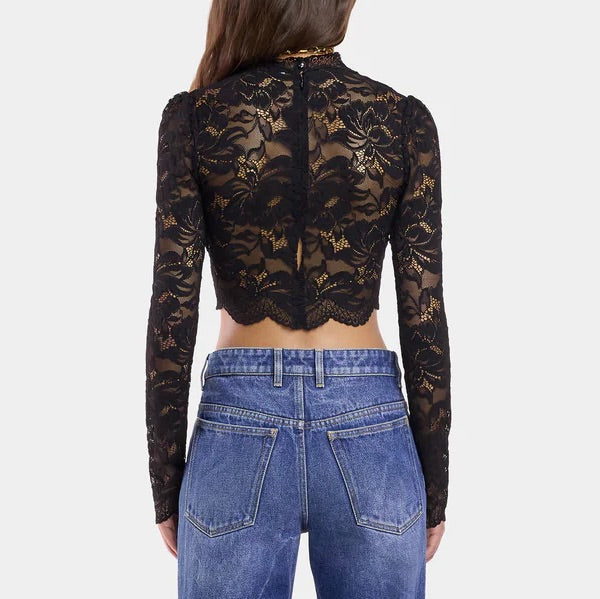 Sheer Floral Lace Crop Top – Black