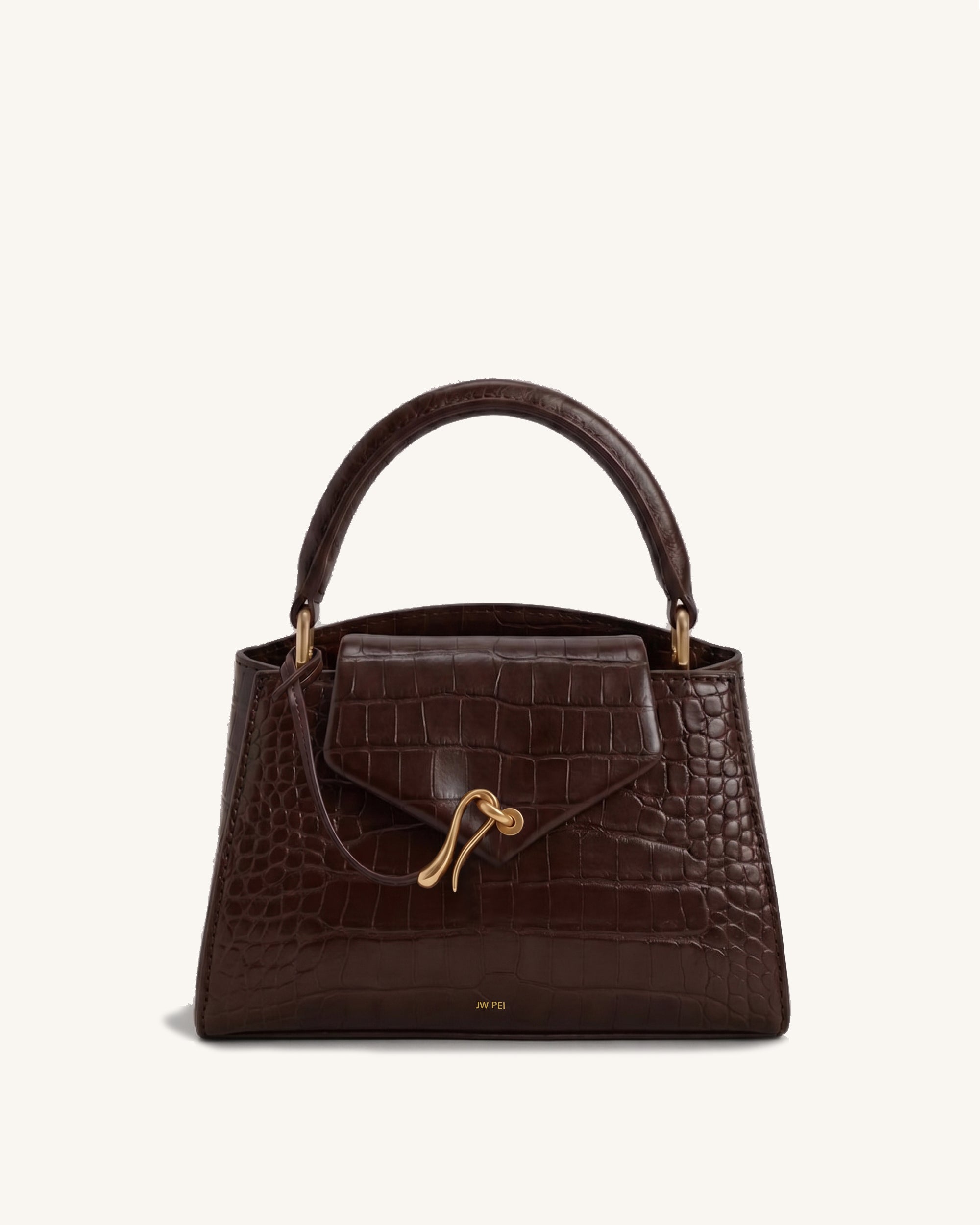 Celeste Knot Hardware Top Handle Bag - Dark Brown Croc