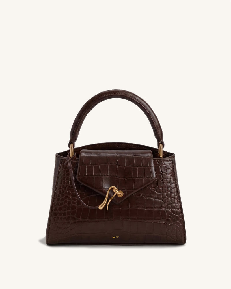 Celeste Knot Hardware Top Handle Bag - Dark Brown Croc