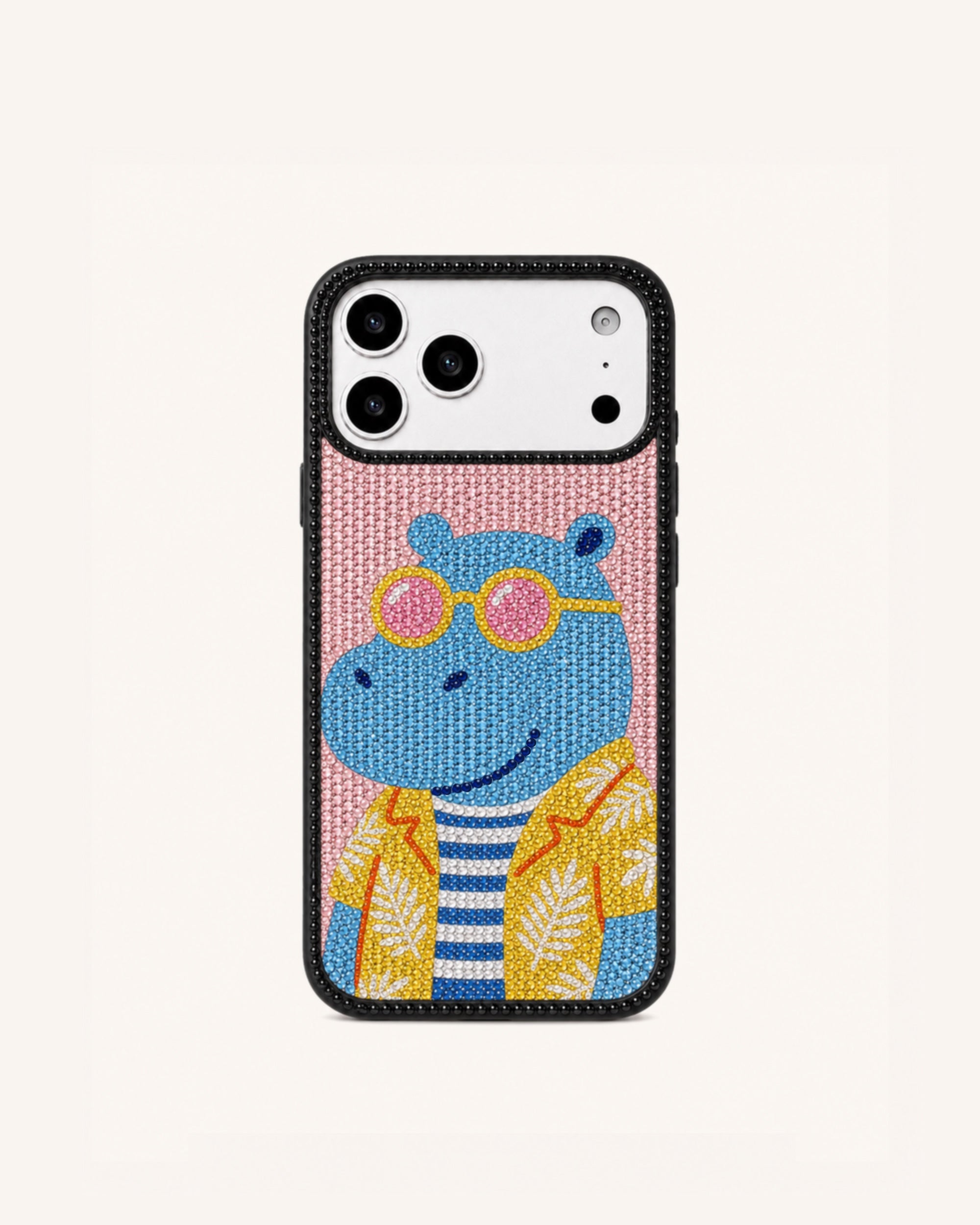 Vacation Hippo Artificial Crystal Phone Case - Black