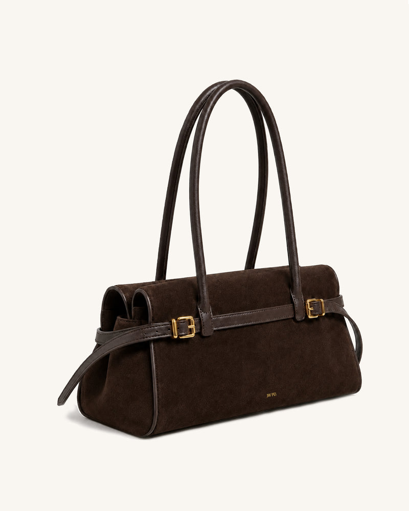 Ella Faux Suede Buckle East-West Shoulder Bag - Brown