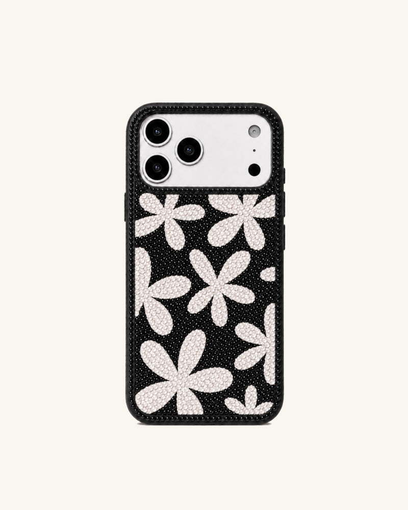 Artificial Crystal Floral Phone Case – Black
