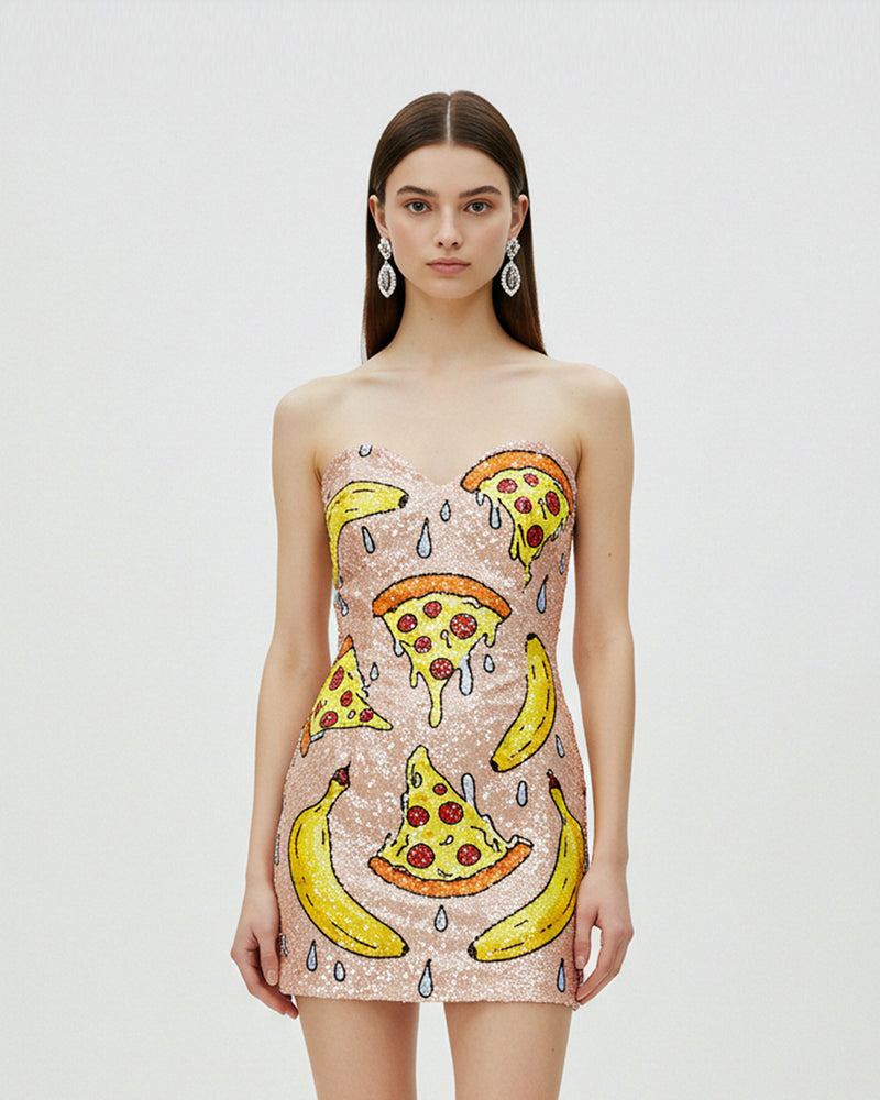 Sequin Food Print Mini Dress – Pink
