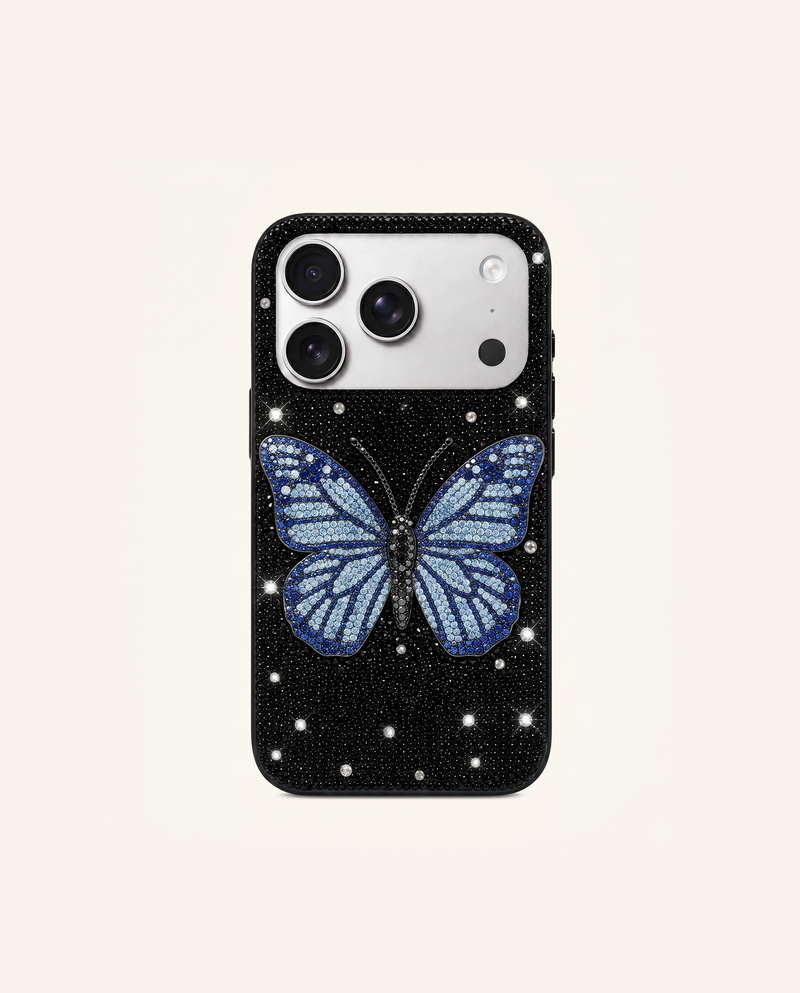 Blue Butterfly Artificial Crystal Phone Case – Black