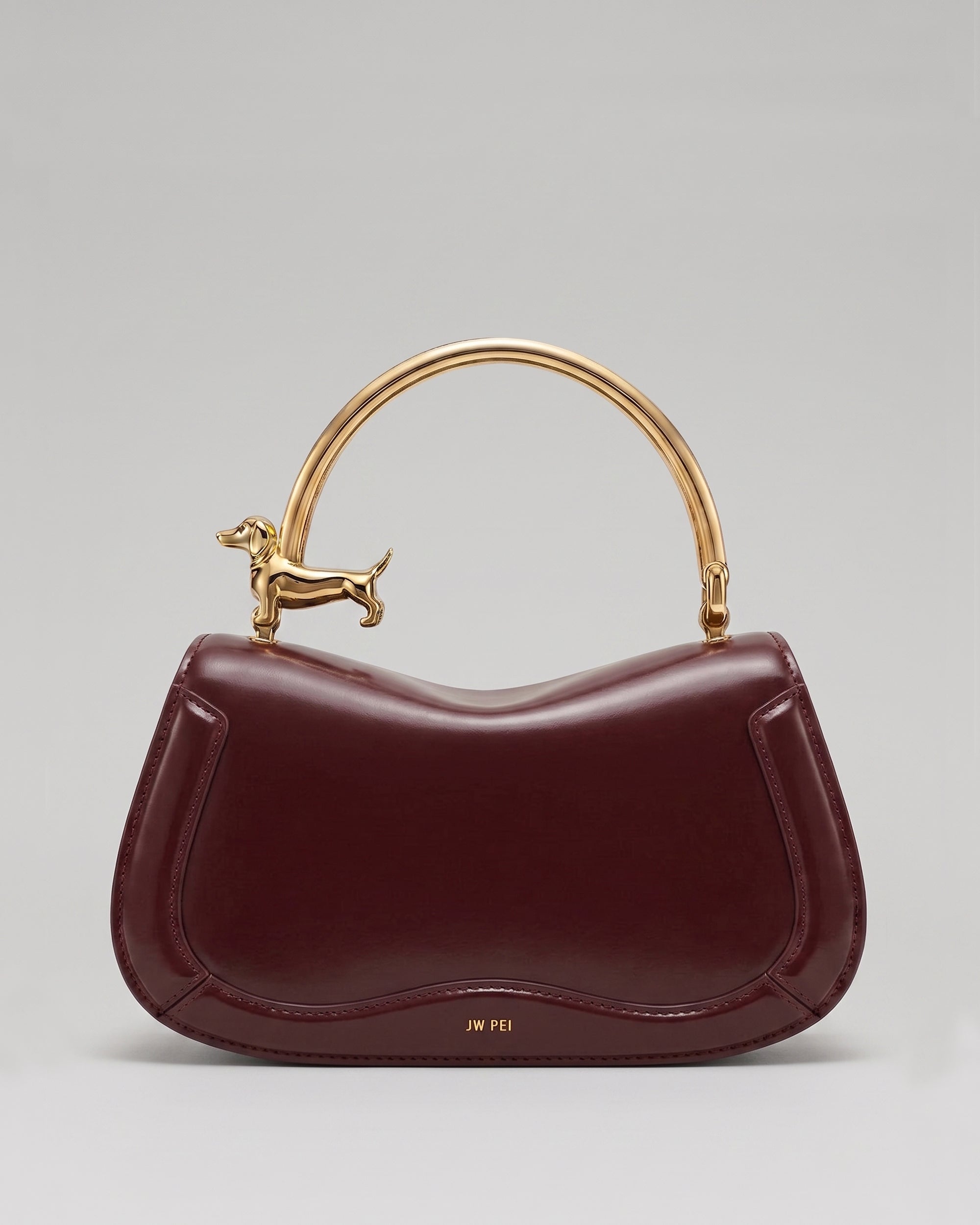 Bruna Dachshund Metal Handle East-West Flap Saddle Bag – Burgundy