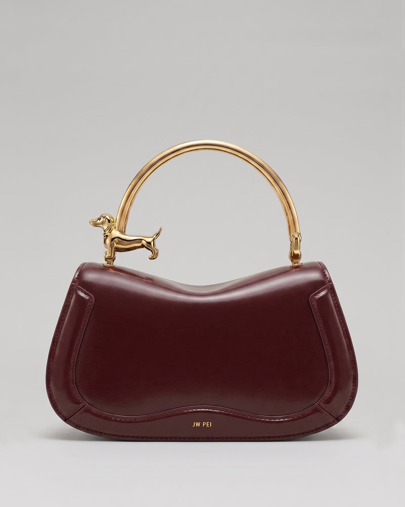 Bruna Dachshund Metal Handle East-West Flap Saddle Bag – Burgundy