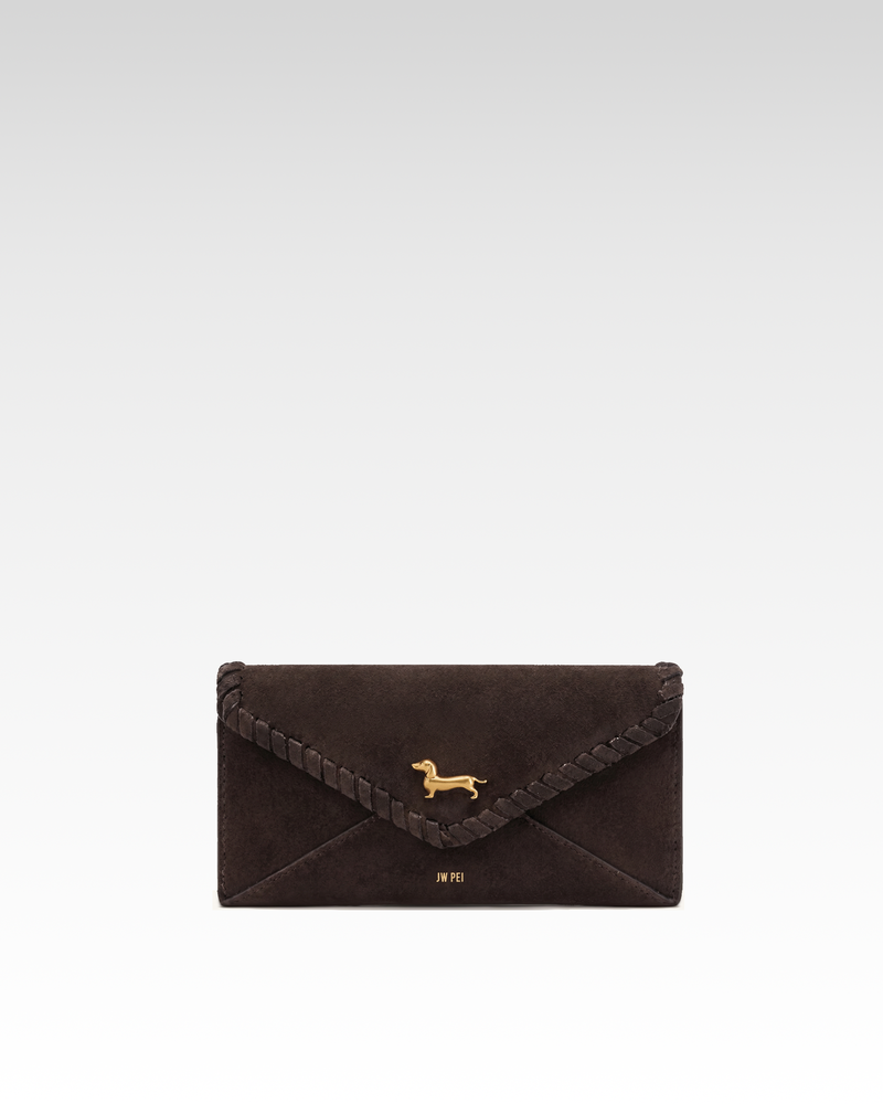 Maeve Dachshund Emblem Whipstitch Faux Suede Wallet - Dark Brown