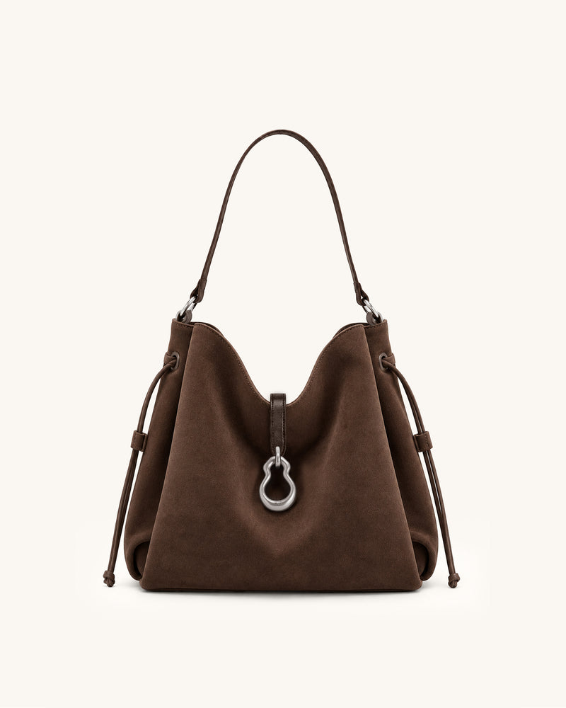 Jayla Metal Pendant Embellished Drawstring Hobo Bag - Dark Brown
