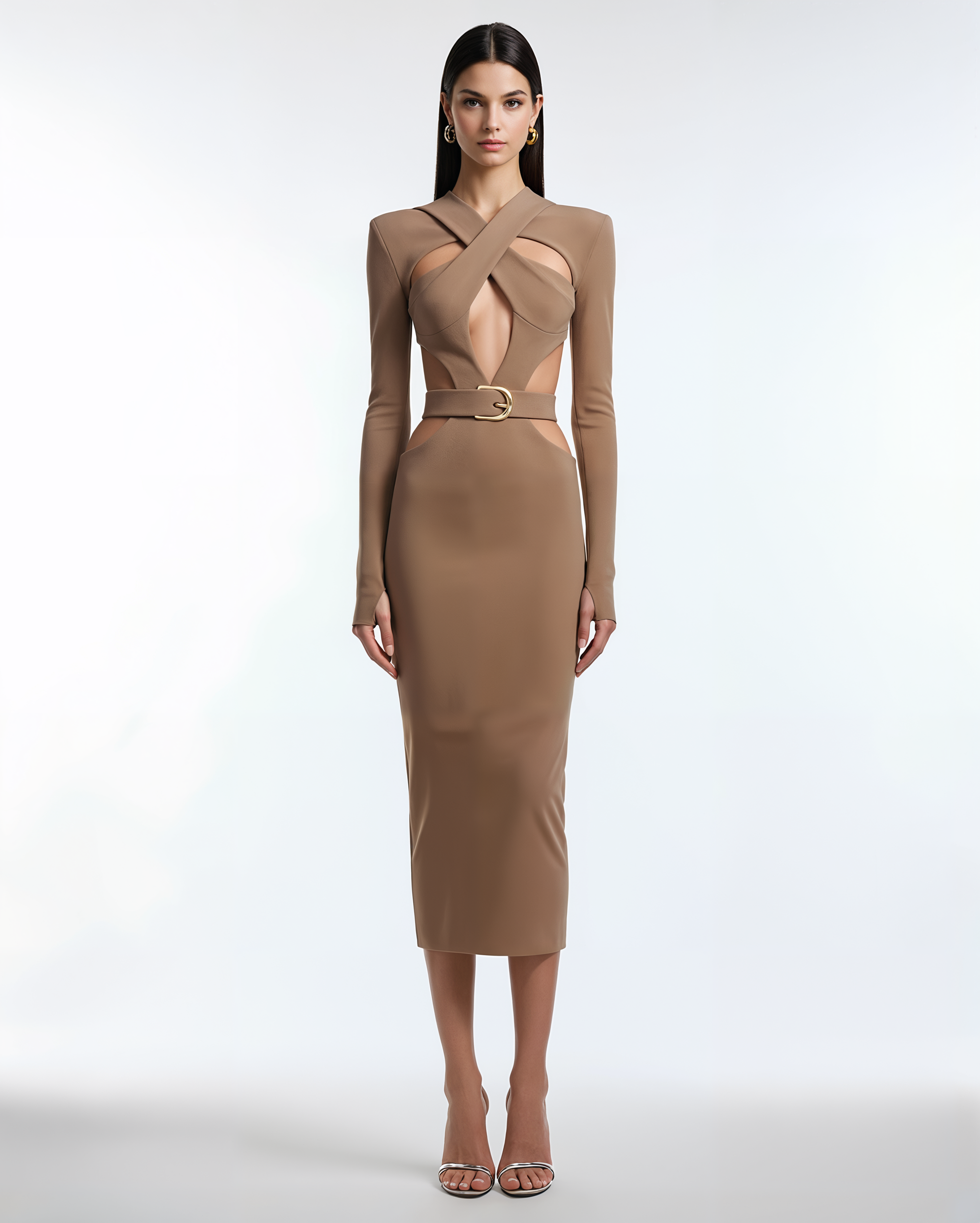Crisscross Cut-Out Midi Dress – Brown