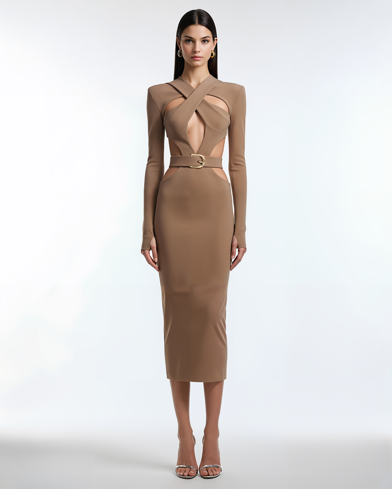 Crisscross Cut-Out Midi Dress – Brown