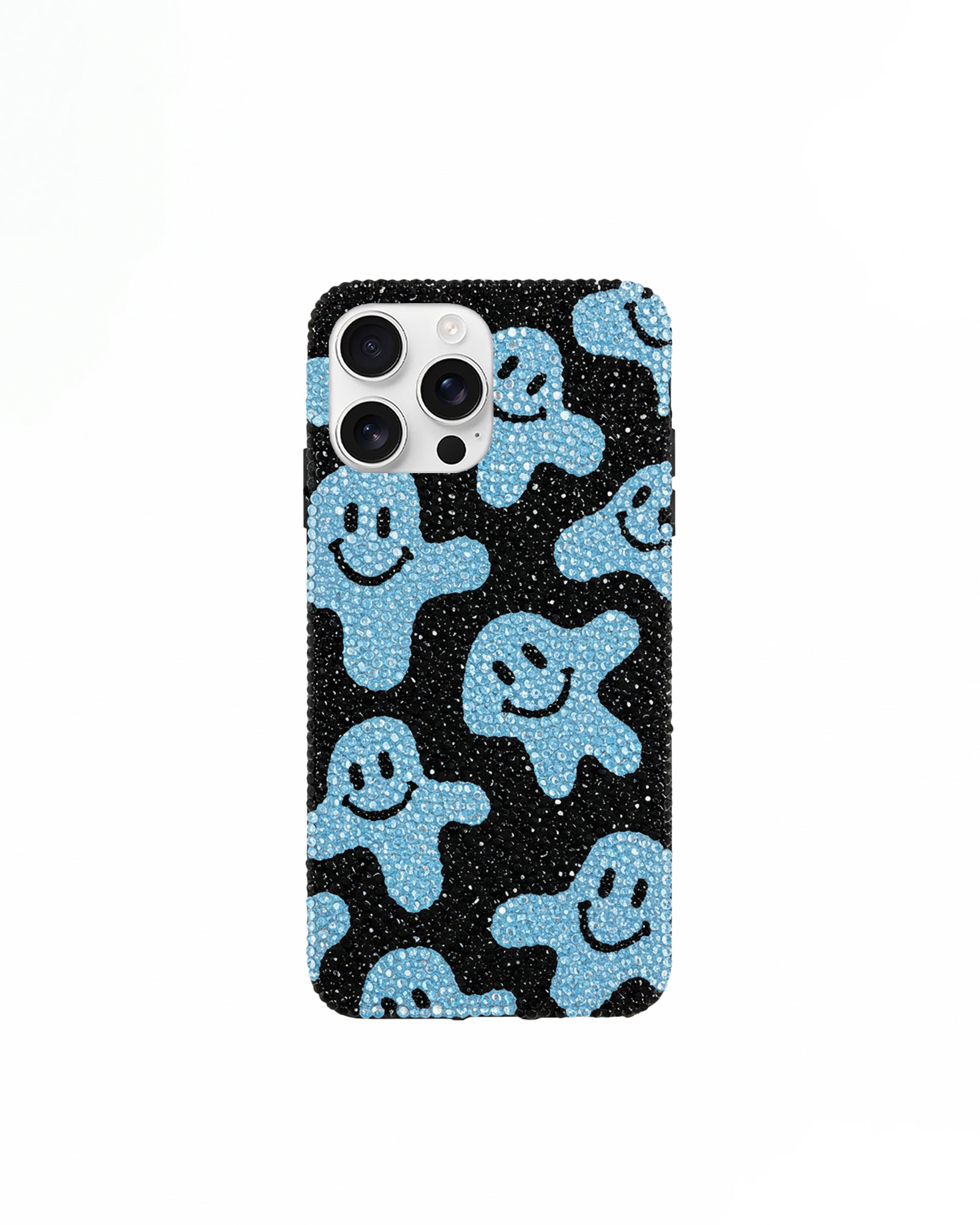 Blue Smiley Artificial Crystal Phone Case – Black