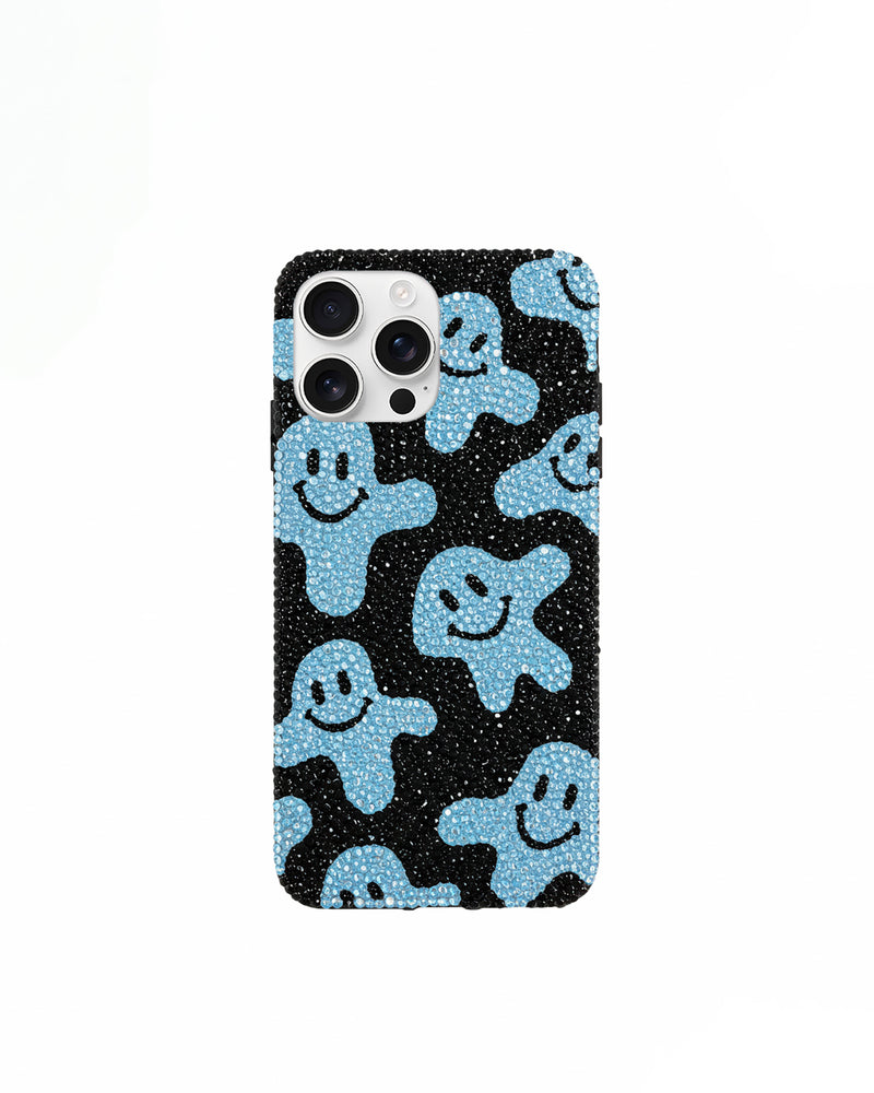 Blue Smiley Artificial Crystal Phone Case – Black