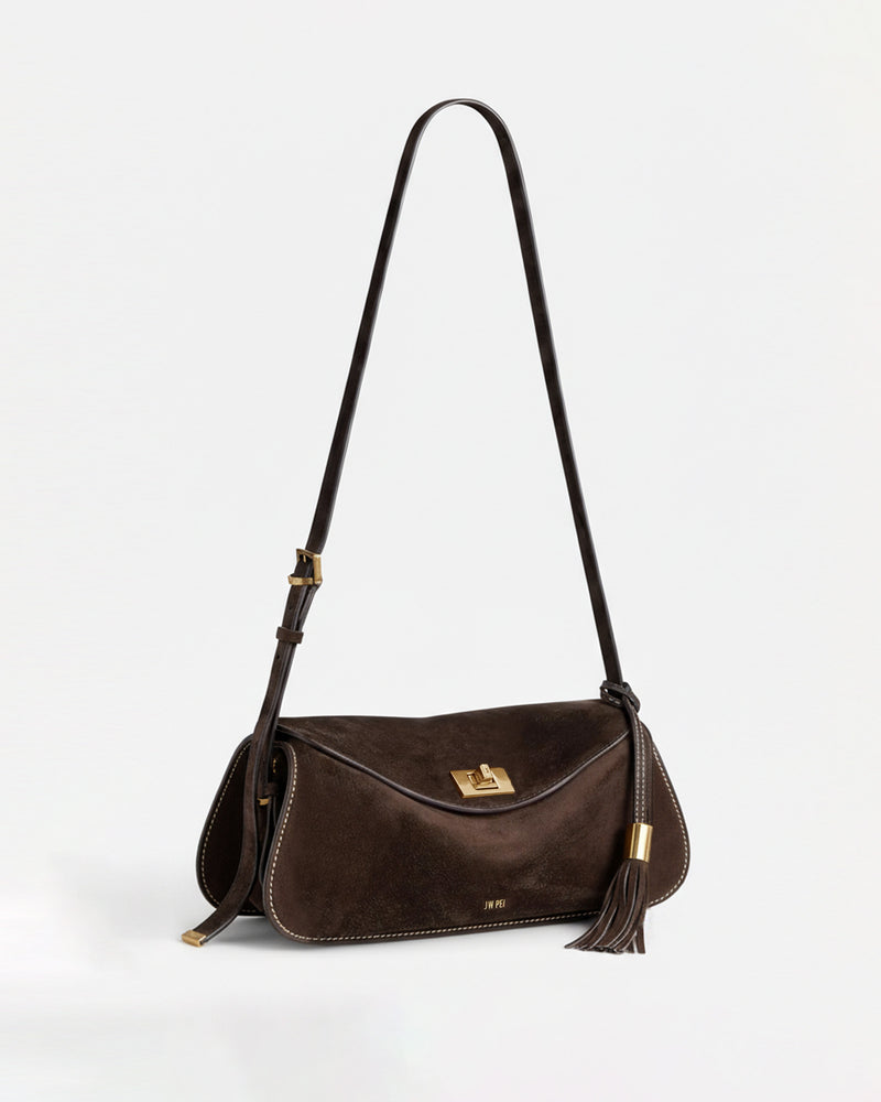 Mia Faux Suede Tassel Shoulder Bag - Brown