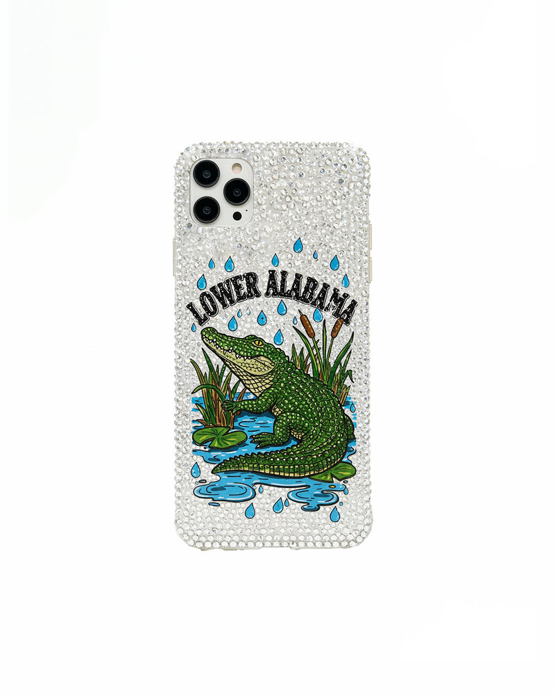 Alligator Artificial Crystal Phone Case – White
