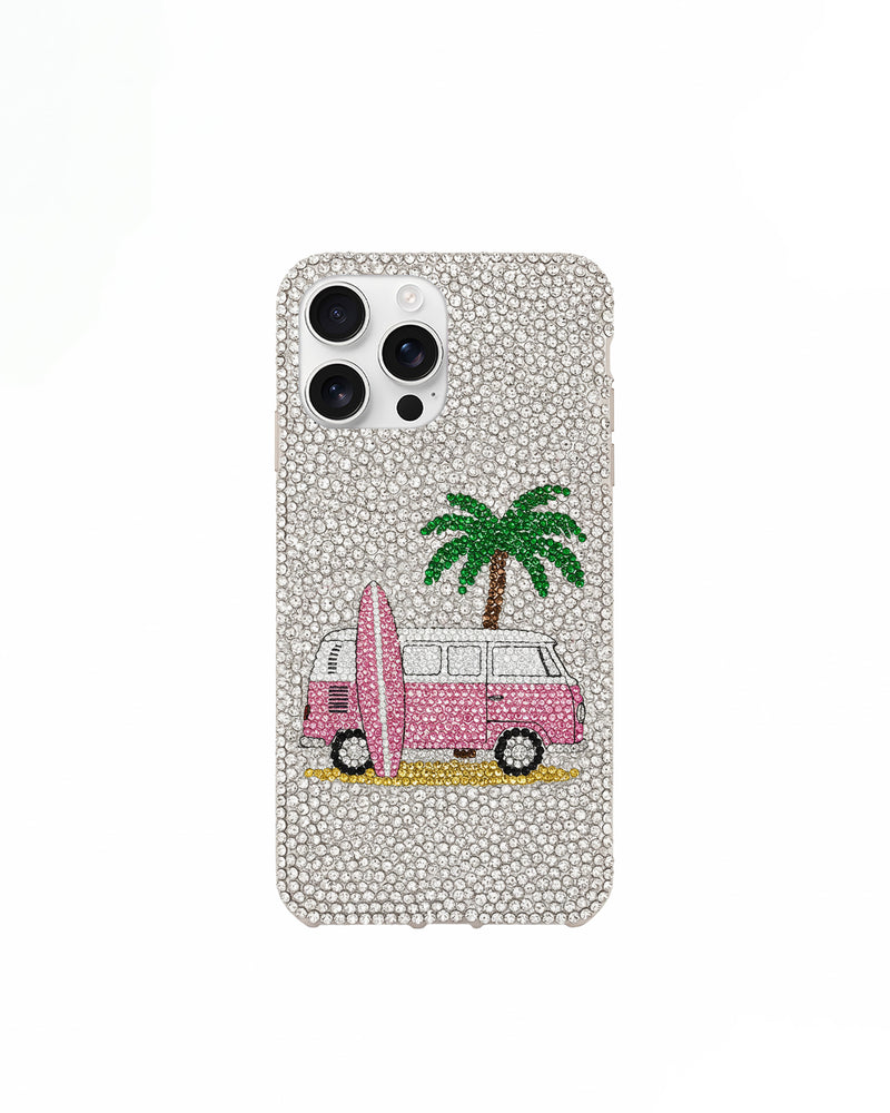 Artificial Crystal Surf Van Phone Case – White