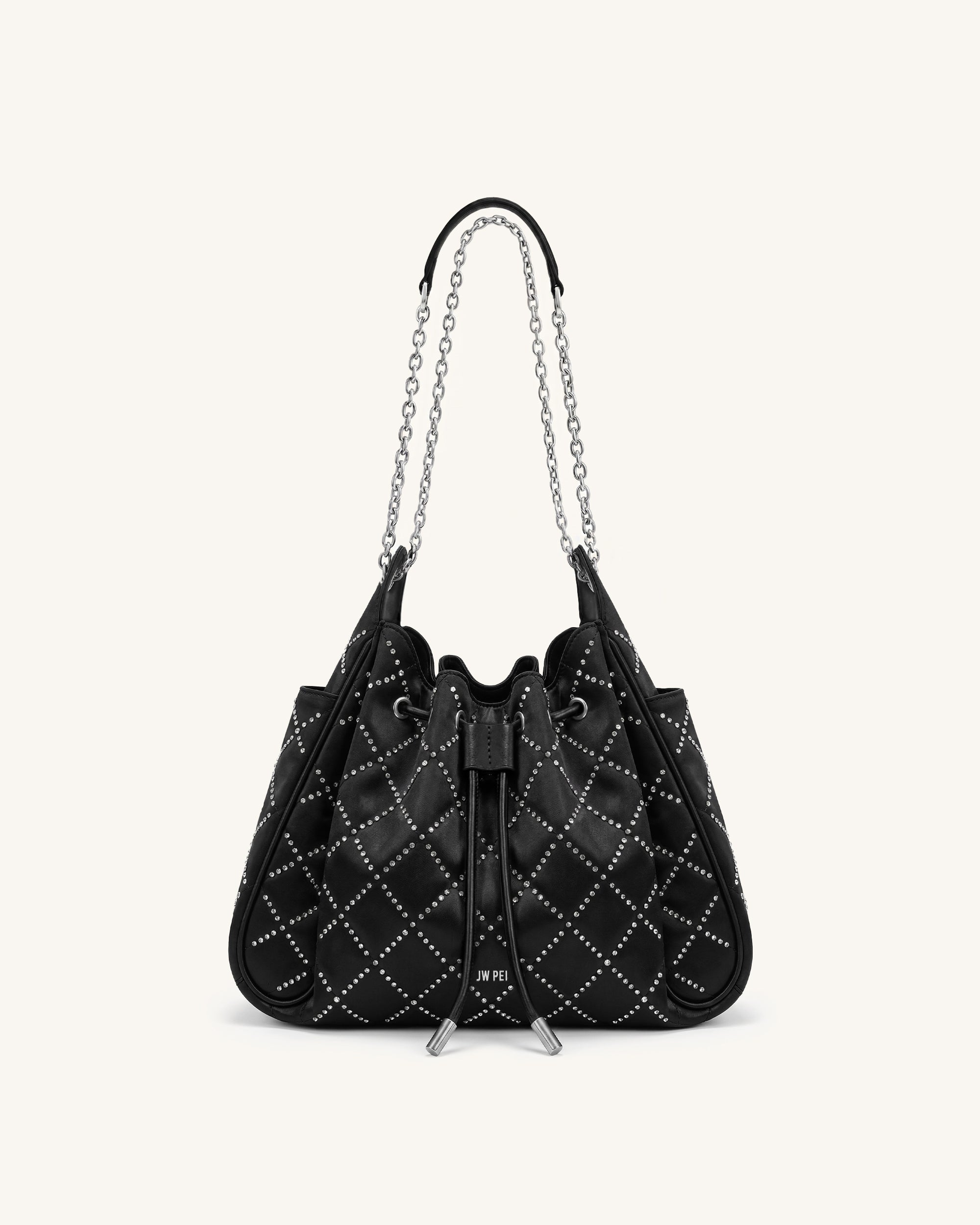 Rowan Small Artificial Crystal Quilted Chain Bucket Bag - Black