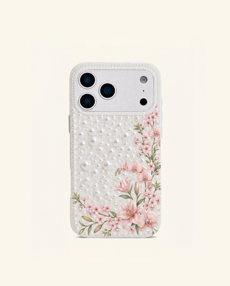 Floral Border Pearl Phone Case - White