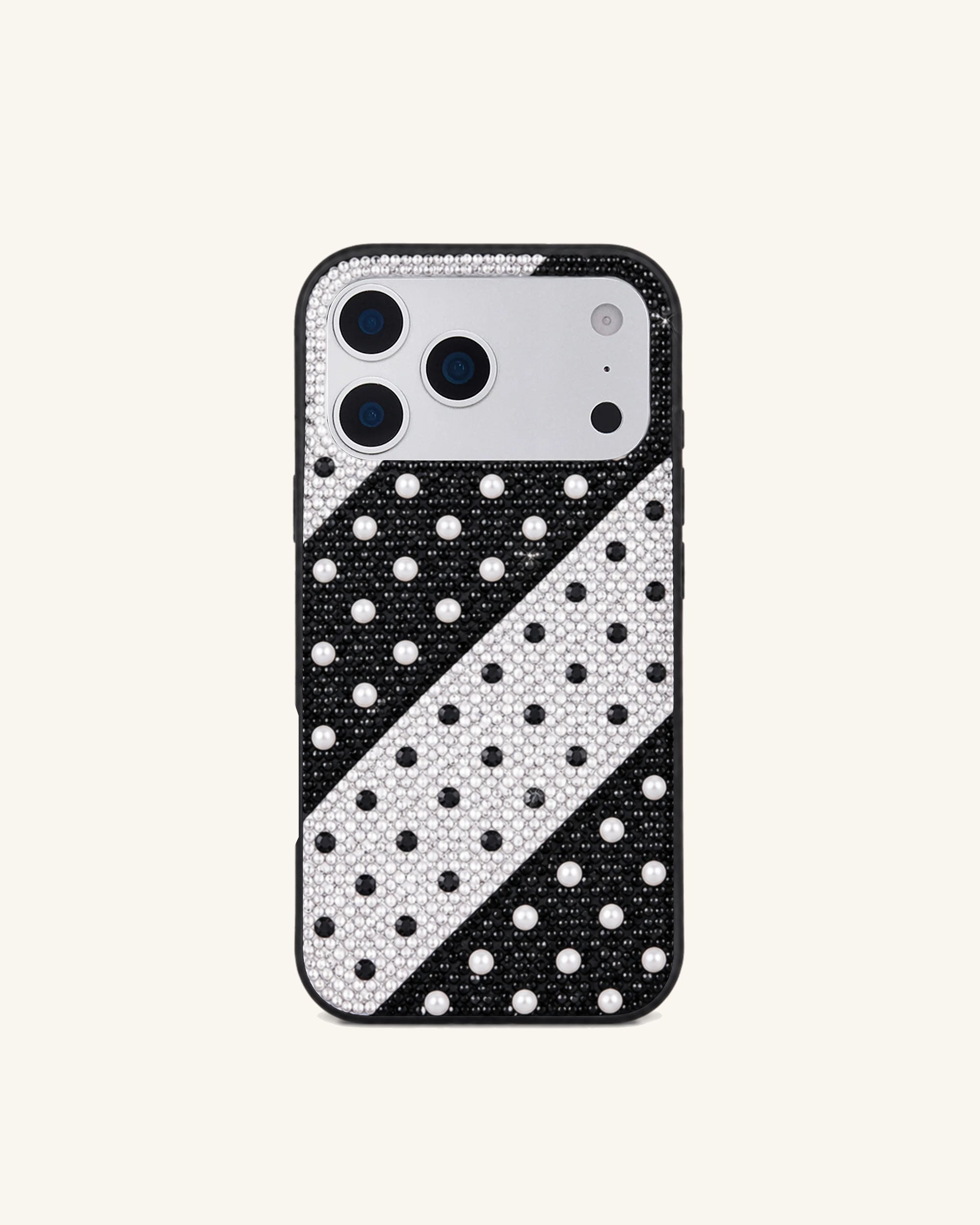Diagonal Polka Dot Stripe Artificial Crystal Phone Case - Black White