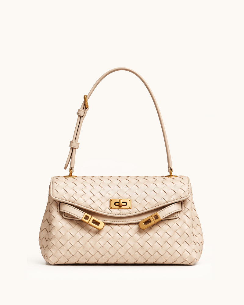 Rhea Woven Flap Shoulder Bag - Beige