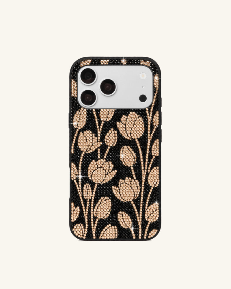 Gold Floral Rhinestone Phone Case – Black