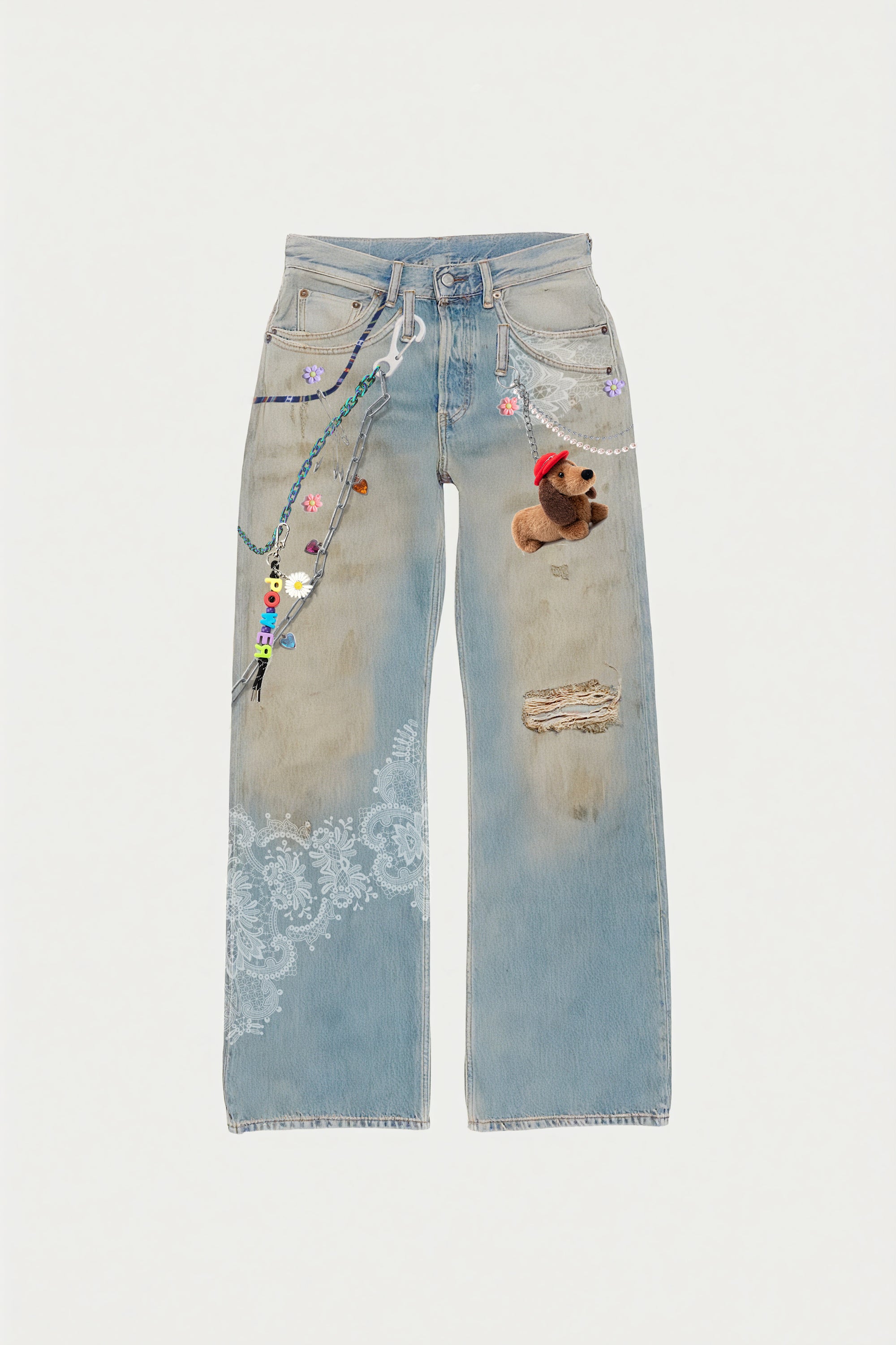Decorative Washed Digital Print Denim Pants – Blue