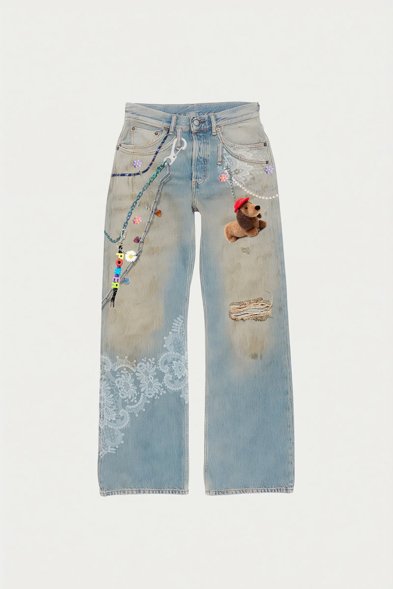 Decorative Washed Digital Print Denim Pants – Blue