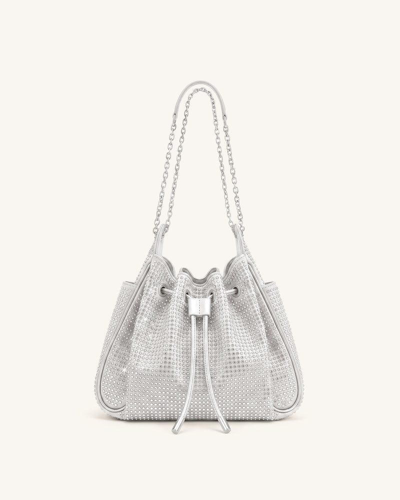 Rowan Small Artificial Crystal Chain Bucket Bag - Silver