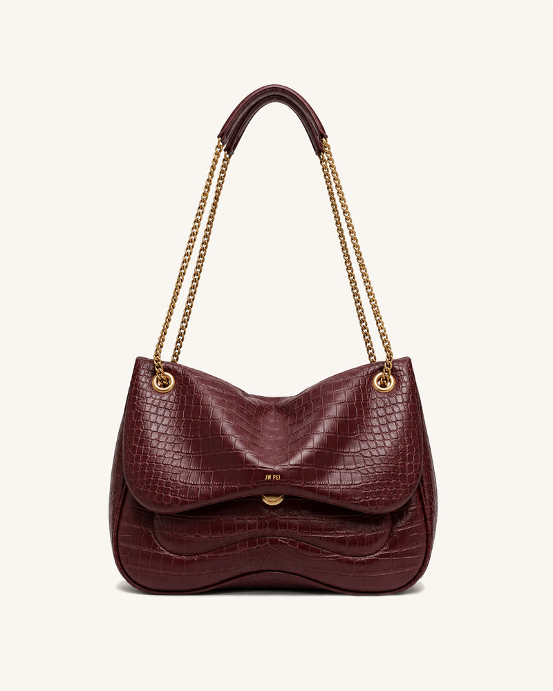 Tina Quilted Chain Shoulder Bag - Burgundy Croc