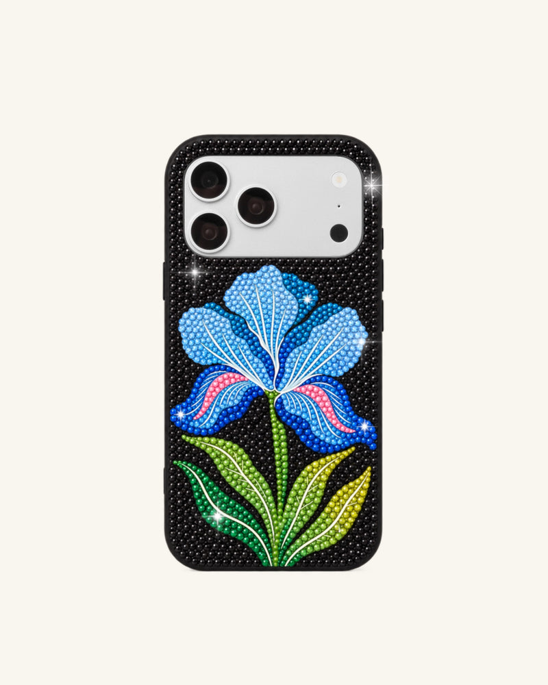 Blue Rhinestone Flower Phone Case – Black