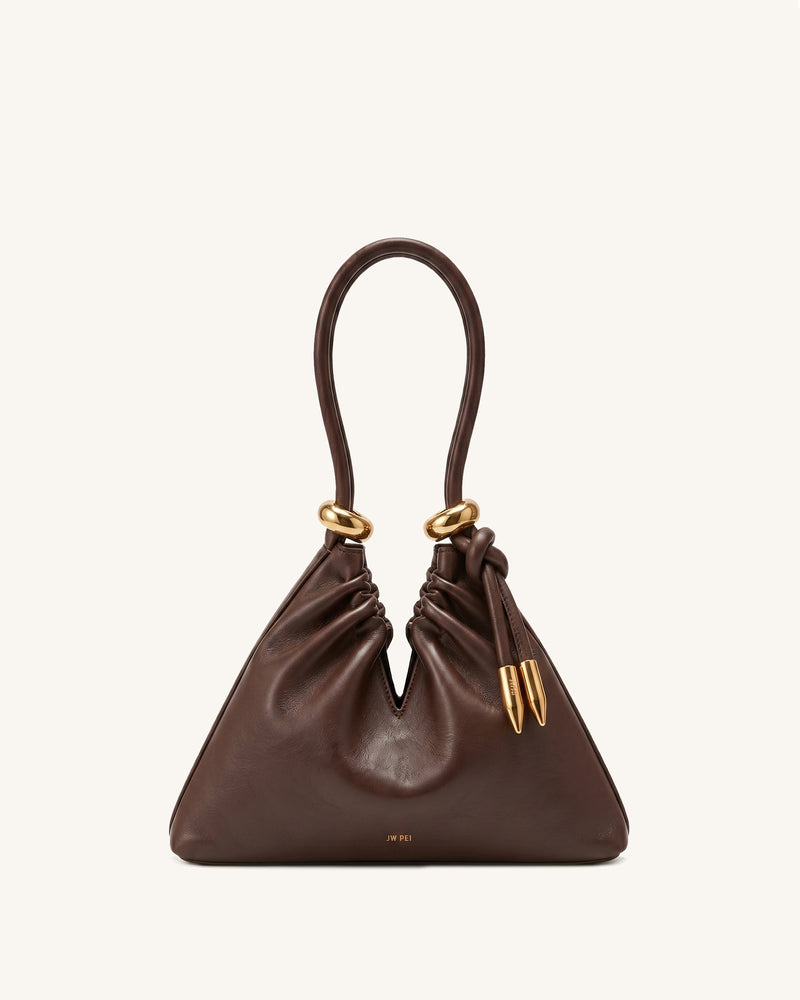 Ellie Metal Ring Gathered Triangle Bag - Dark Brown