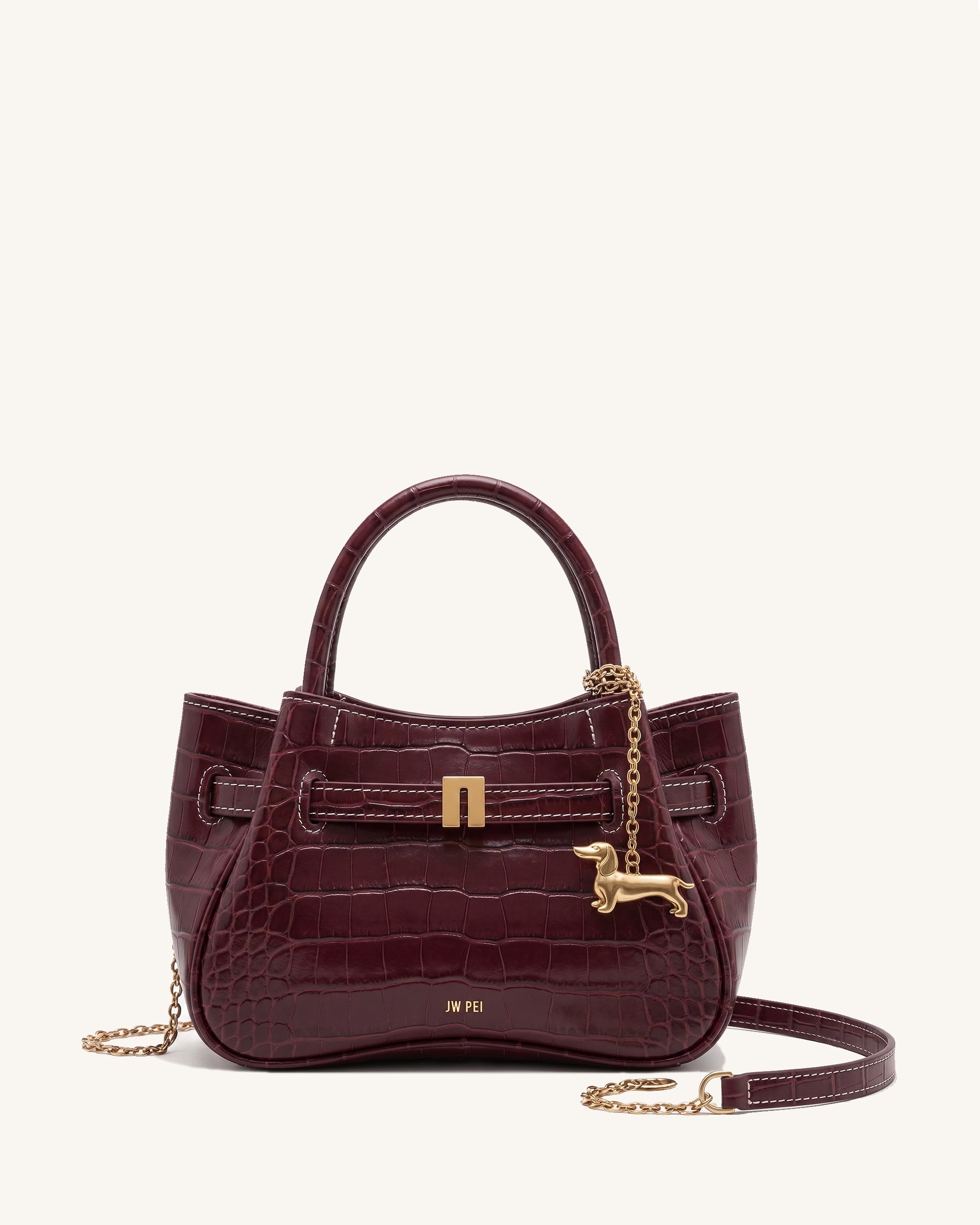 Maeve Dachshund Charm Mini Satchel Bag - Burgundy Croc