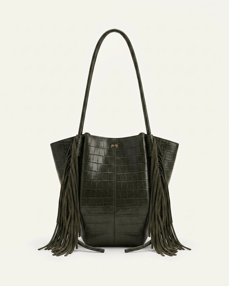 Nala Faux Suede Fringe Shoulder Bag - Dark Green Croc