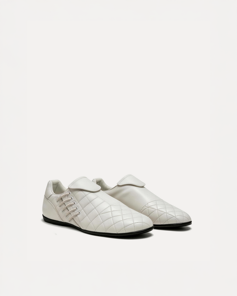 Elise Quilted Lace-Up Flats – White