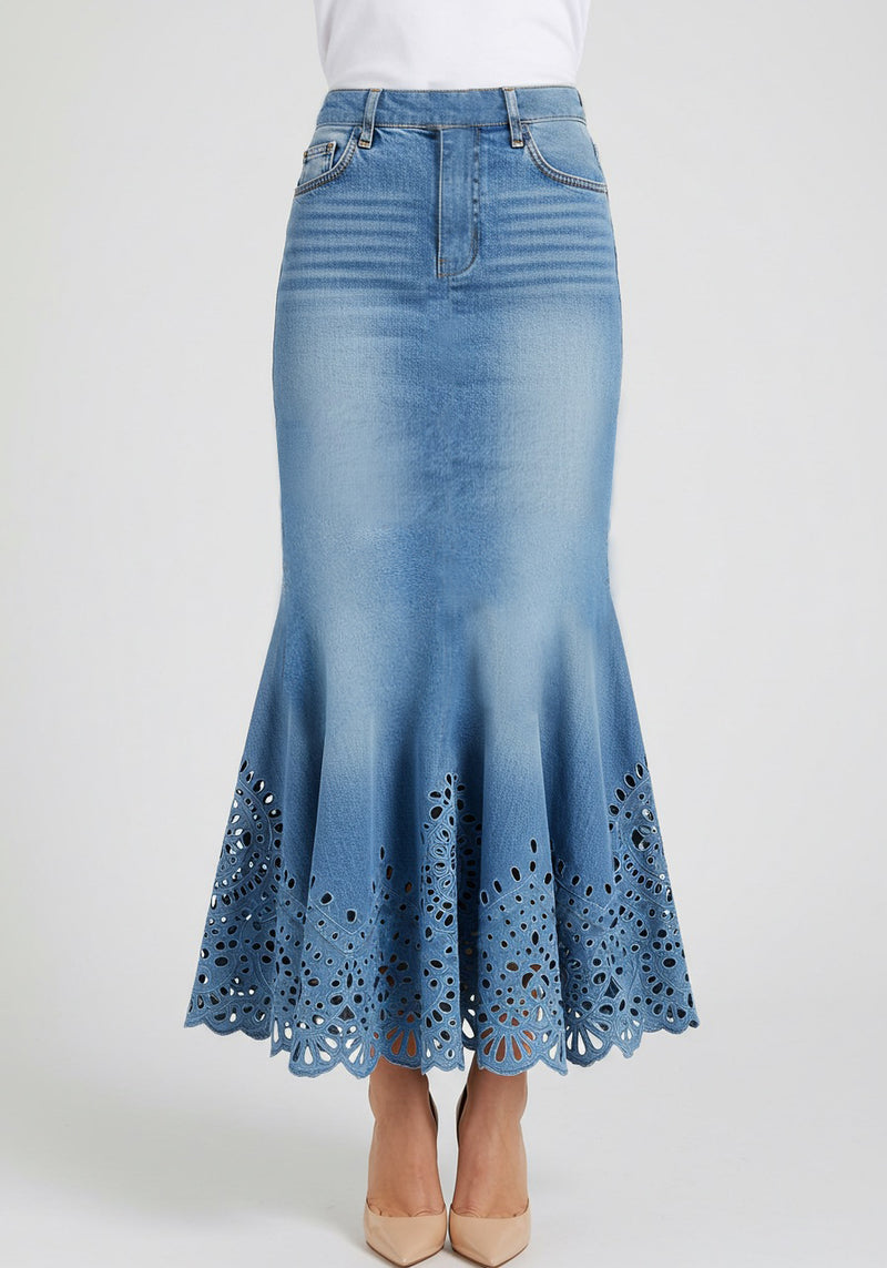 Laser Cut Denim Skirt – Blue