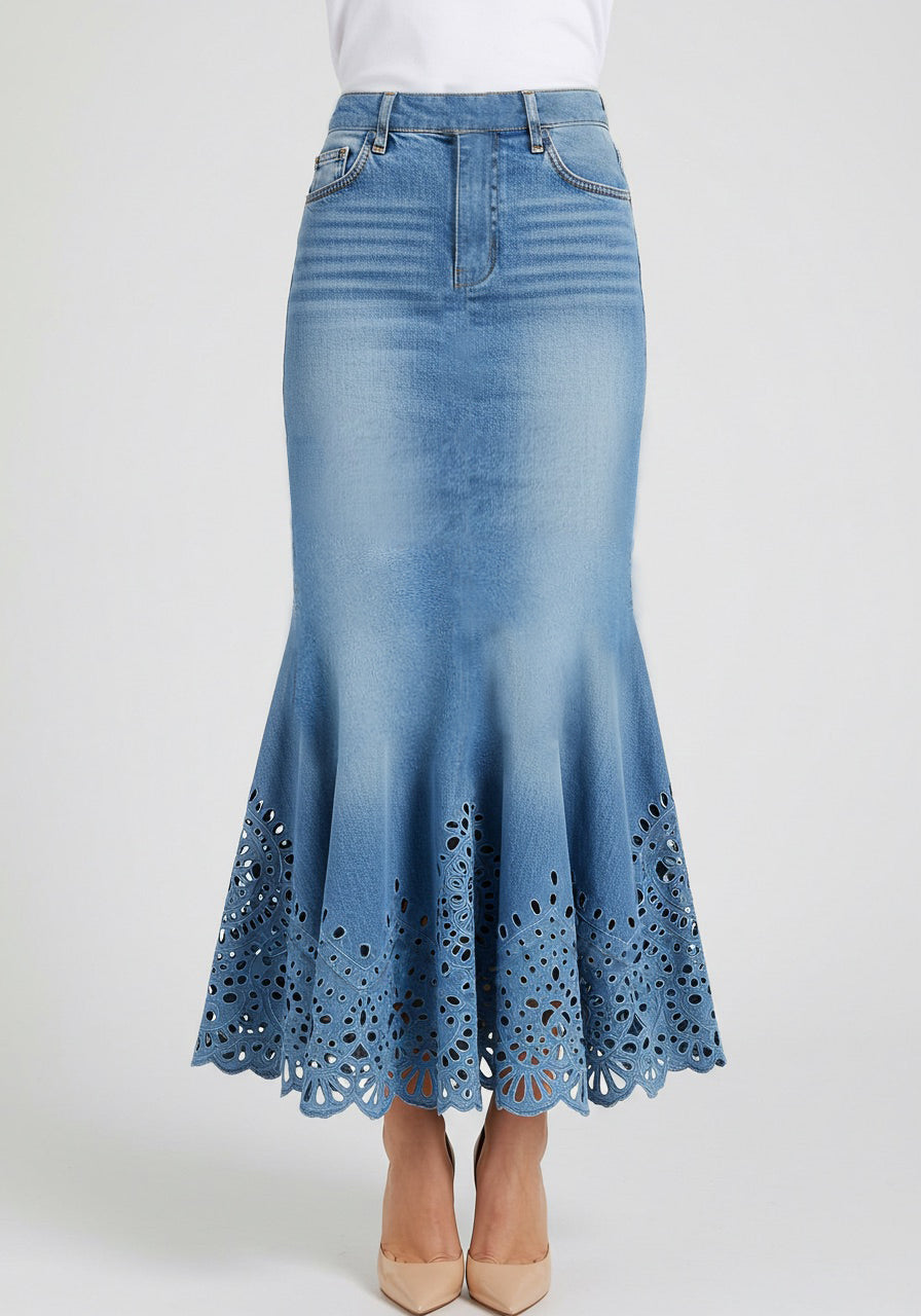 Laser Cut Denim Skirt – Blue