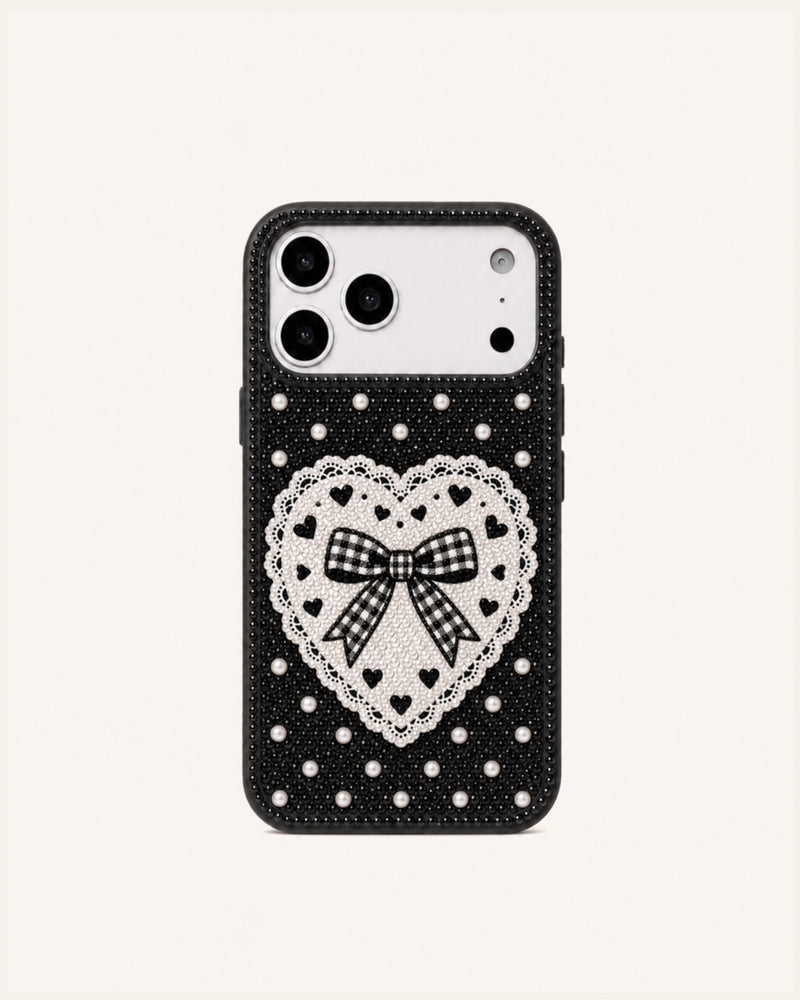Lace Heart Bow Phone Case – Black