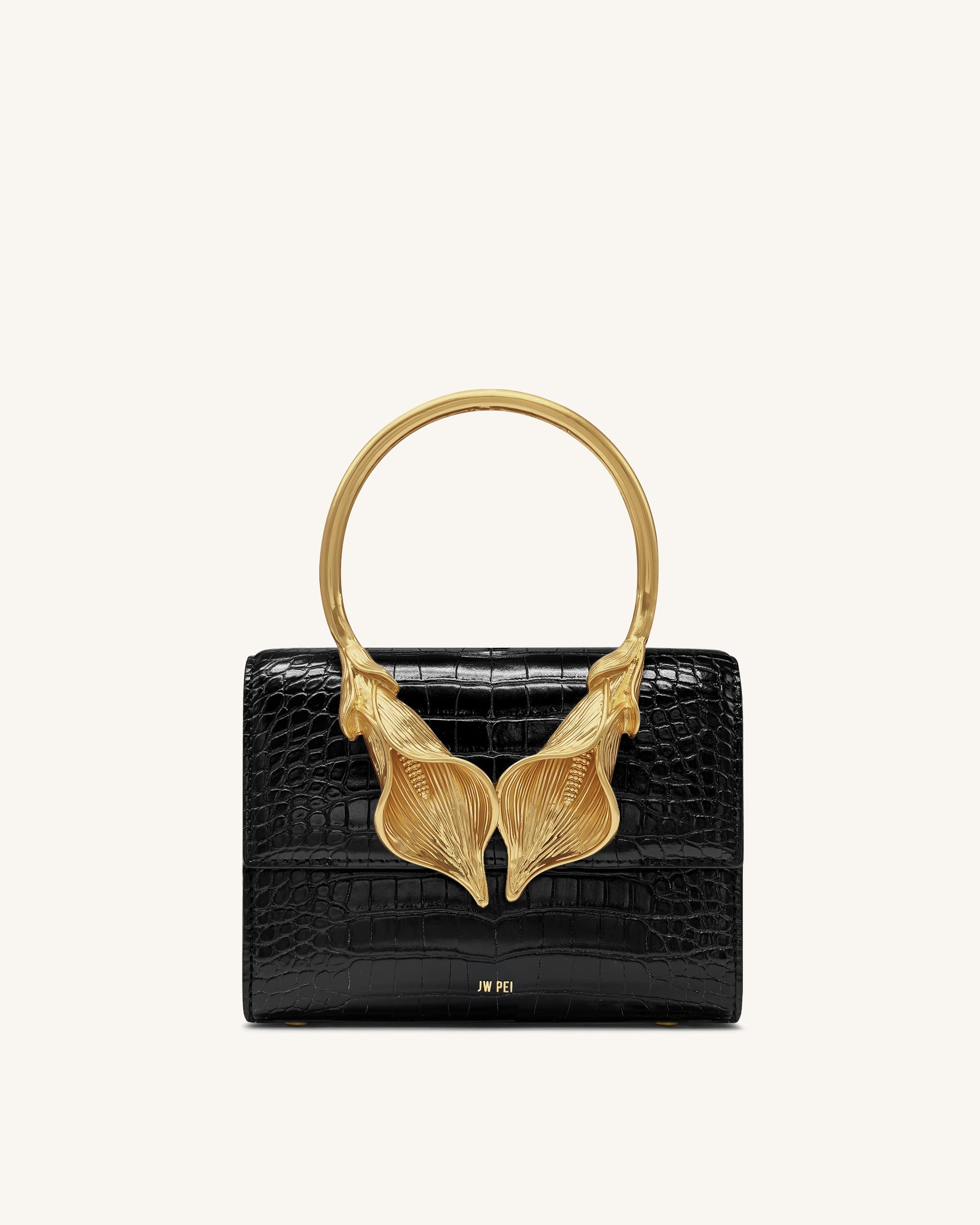 Astrid Calla Lily Metal Handle Top Handle Bag - Black Croc | JW PEI