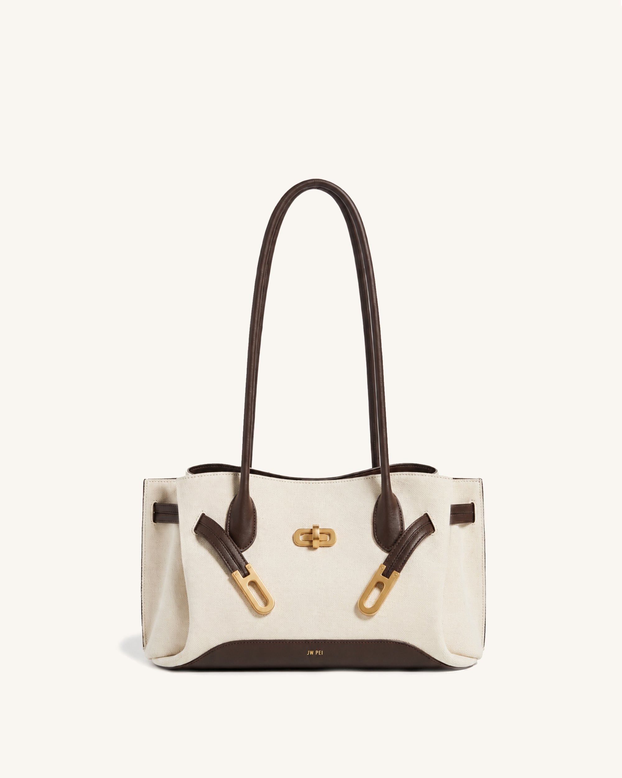 Rhea Canvas Contrast Trim Buckle Shoulder Tote Bag – Ivory & Dark Brown